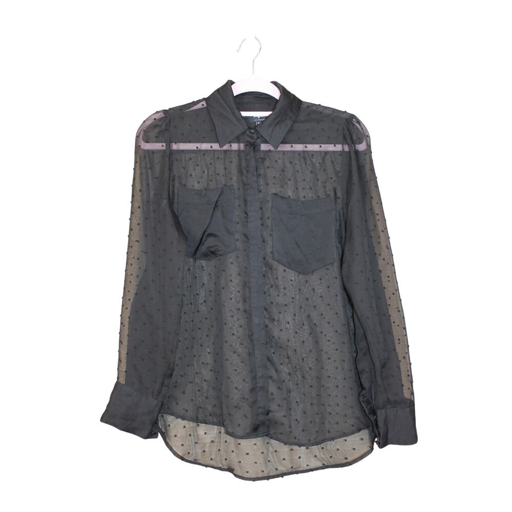 7‎ For All Mankind Edgy Whimsigoth Emo Black Sheer Polka Dot Button Up Blouse XS